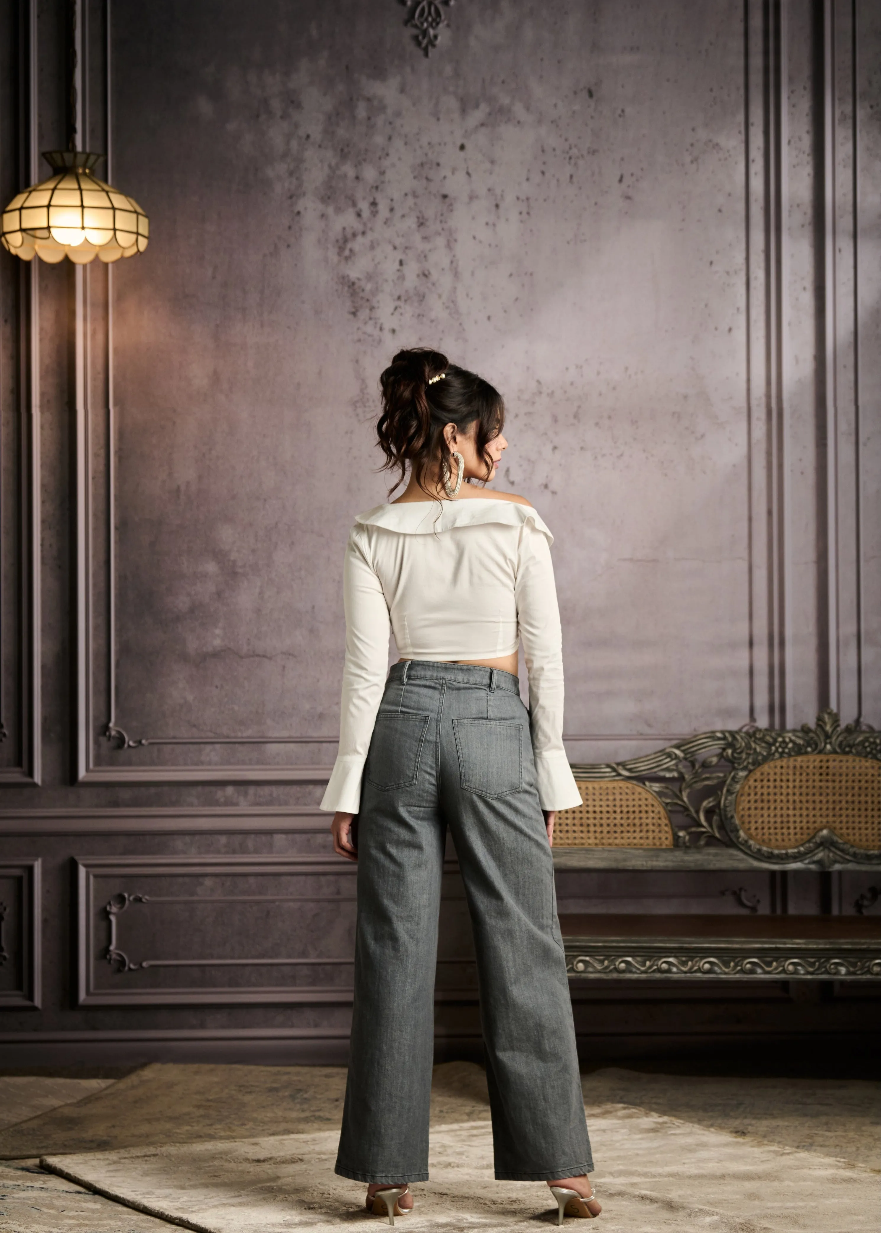 Cosima Grey High-Waisted Rhinestone Embellished Jeans