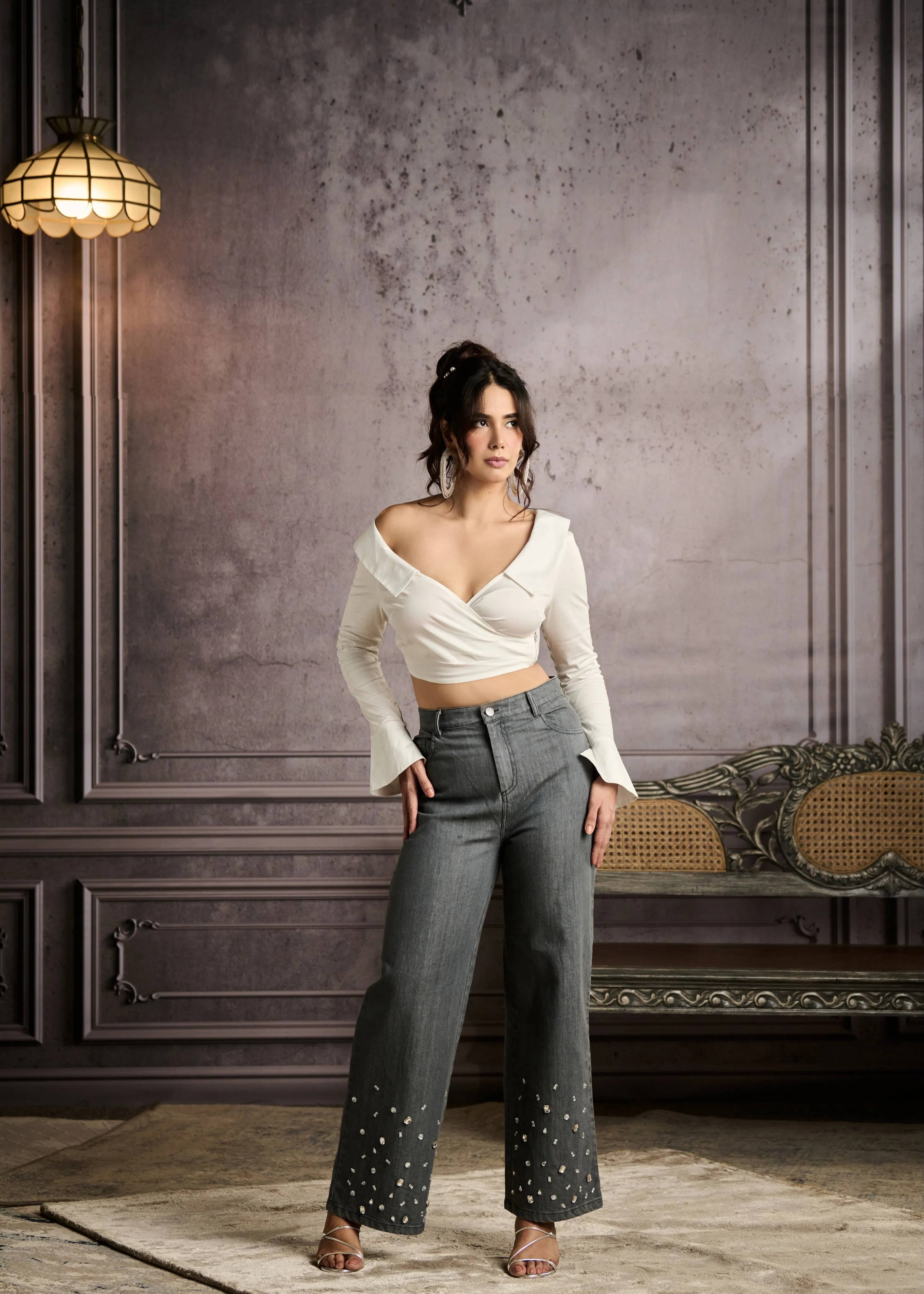 Cosima Grey High-Waisted Rhinestone Embellished Jeans
