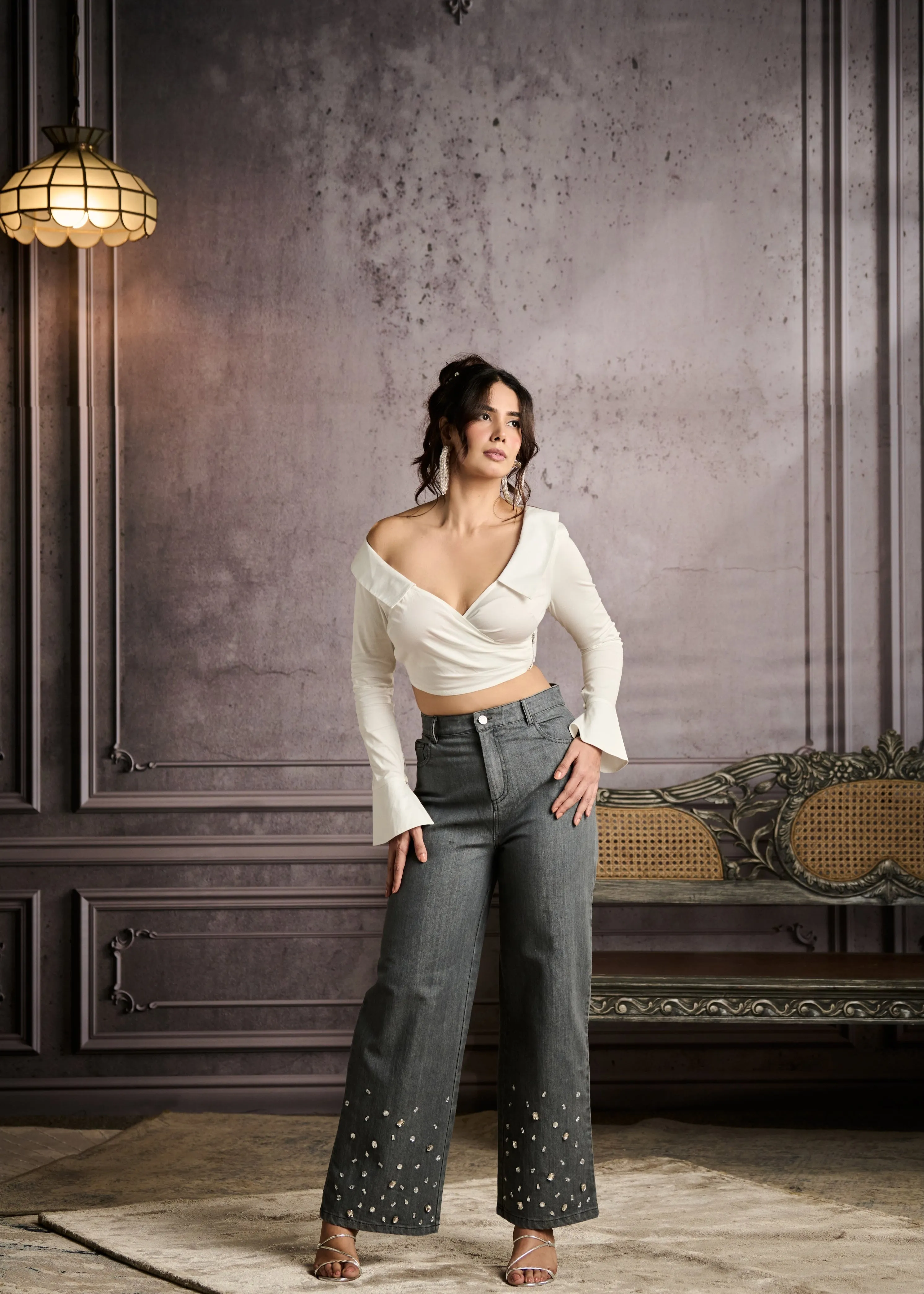 Cosima Grey High-Waisted Rhinestone Embellished Jeans