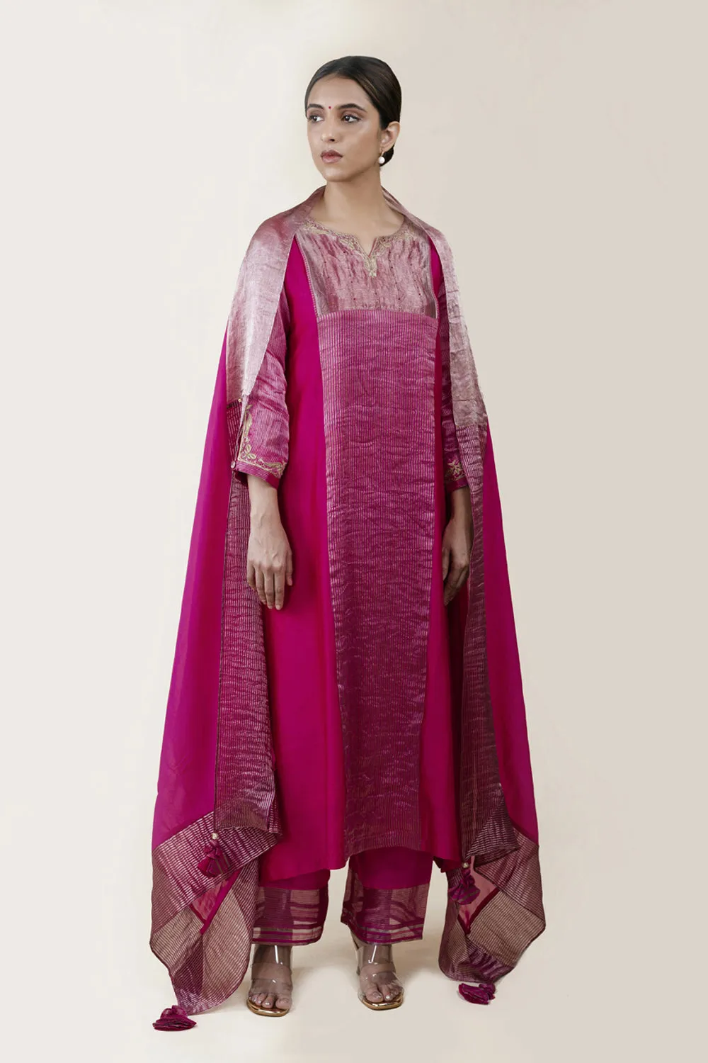 Embroidered Chanderi /Panelled A-Line Kurta And Slub Silk Pants Set