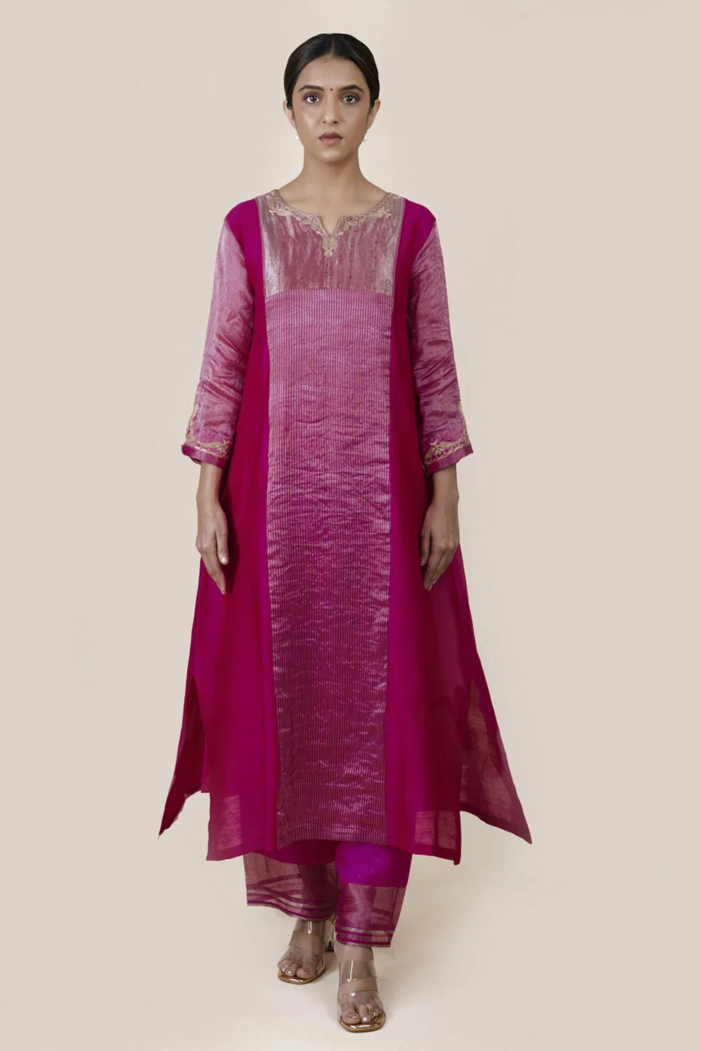 Embroidered Chanderi /Panelled A-Line Kurta And Slub Silk Pants Set