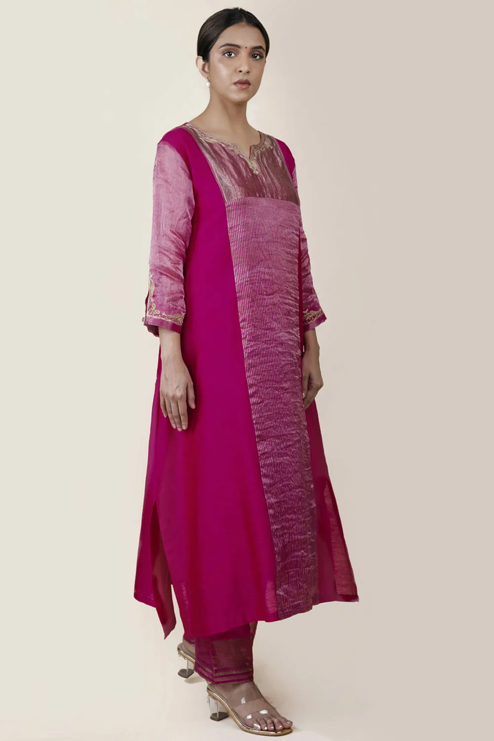 Embroidered Chanderi /Panelled A-Line Kurta And Slub Silk Pants Set