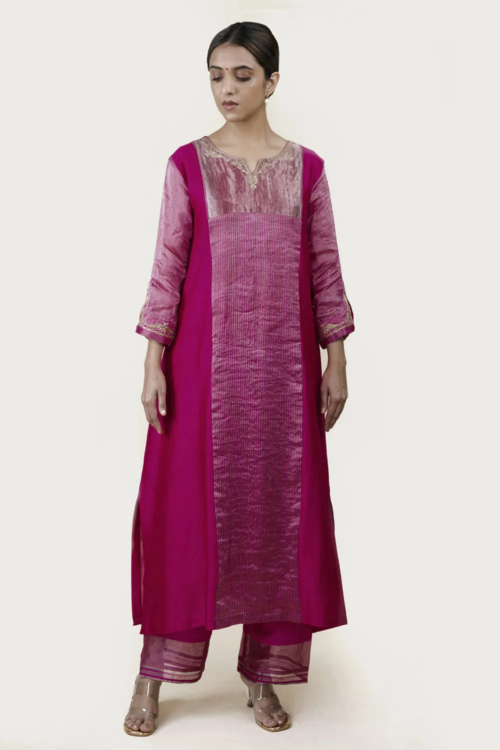 Embroidered Chanderi /Panelled A-Line Kurta And Slub Silk Pants Set