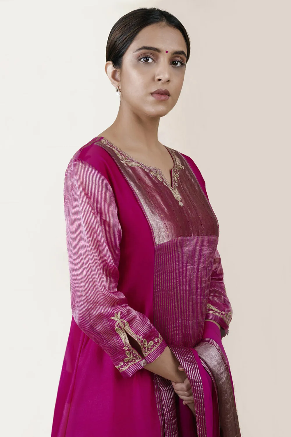 Embroidered Chanderi /Panelled A-Line Kurta And Slub Silk Pants Set