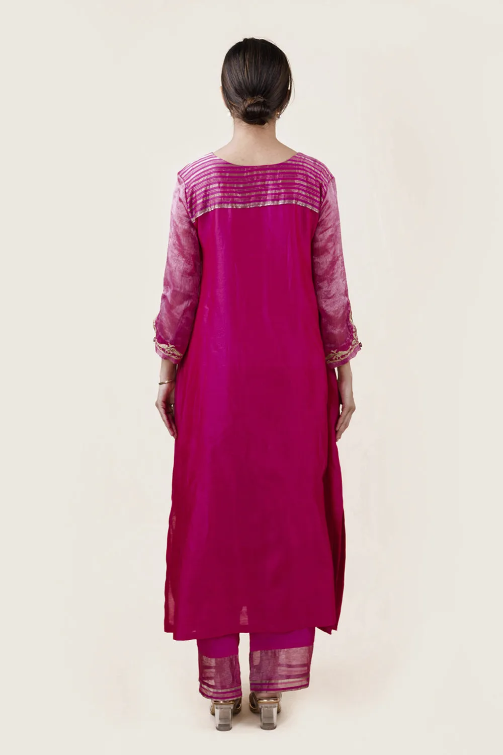 Embroidered Chanderi /Panelled A-Line Kurta And Slub Silk Pants Set