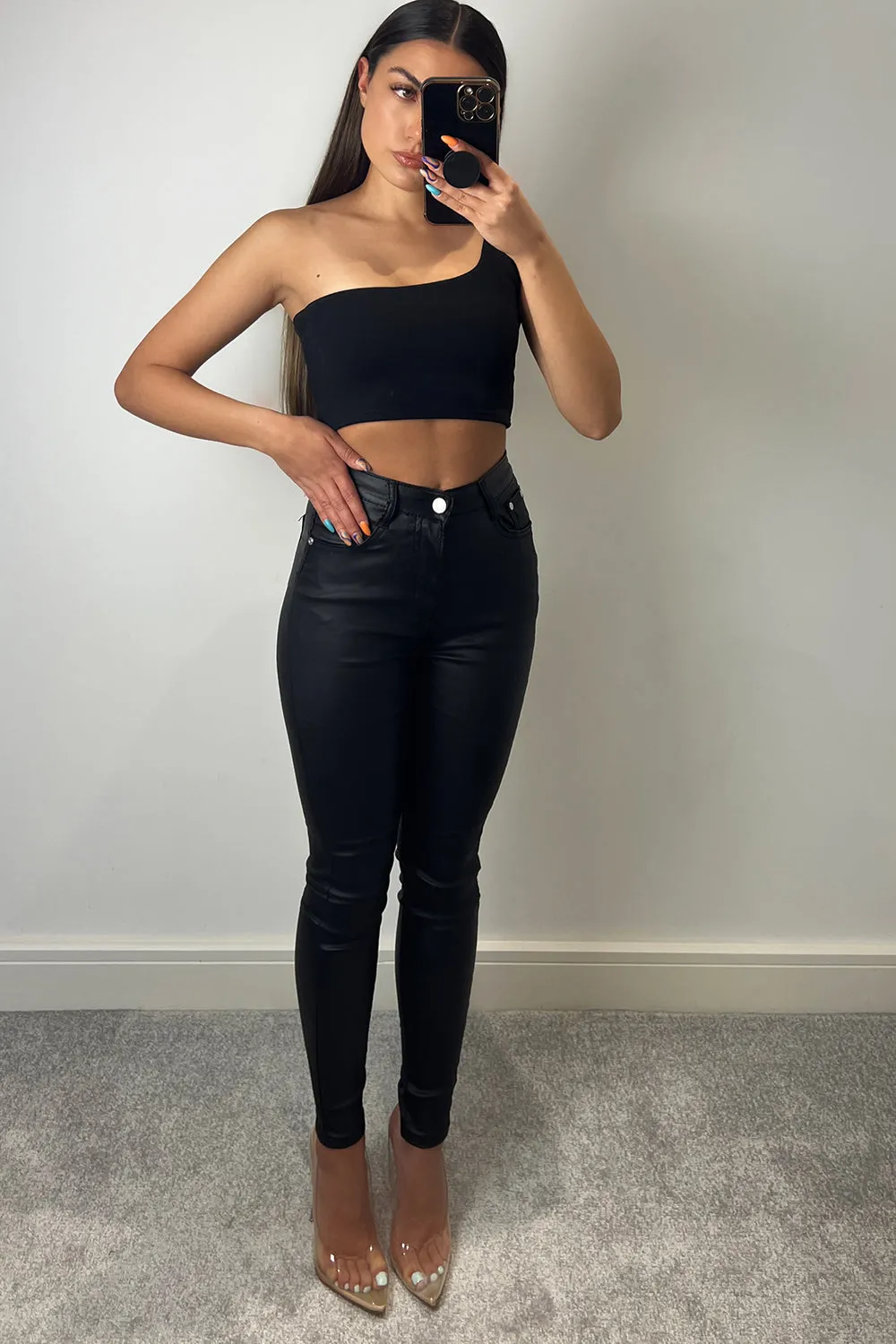 Emmy Black PU Faux Leather Skinny Jeans