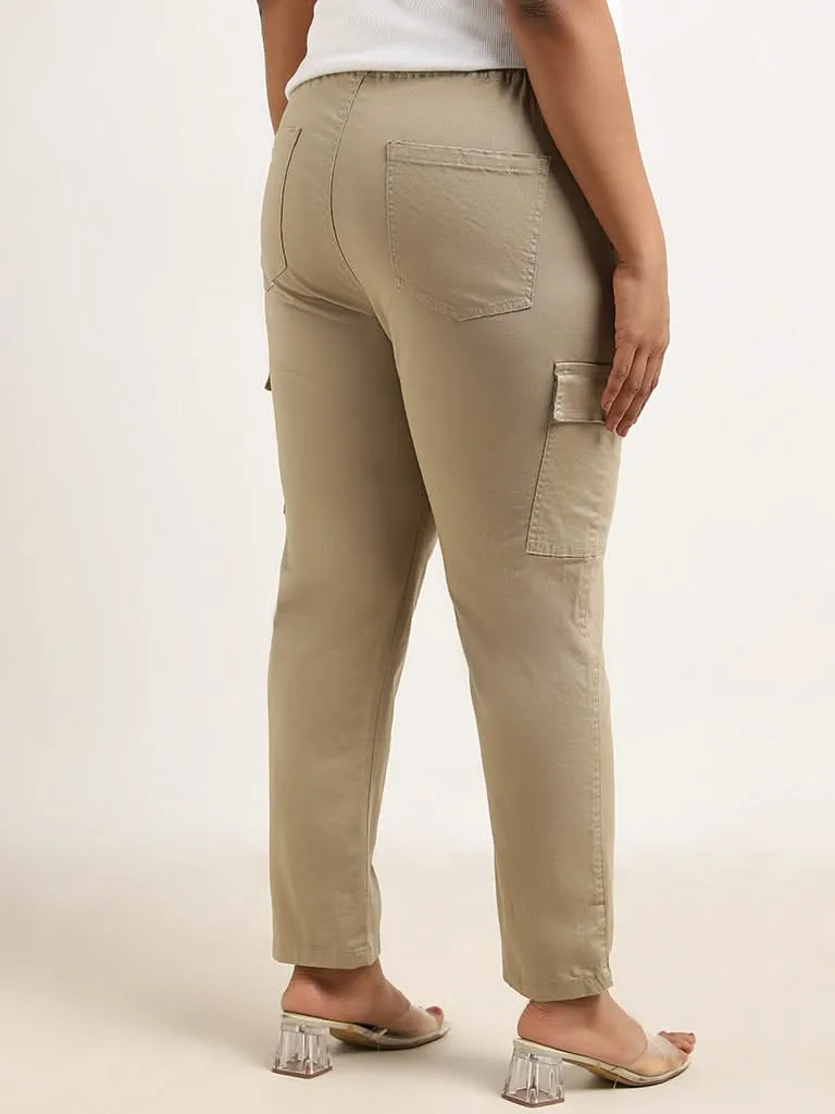 Gia Beige Solid High-Rise Solid Cotton Blend Trousers