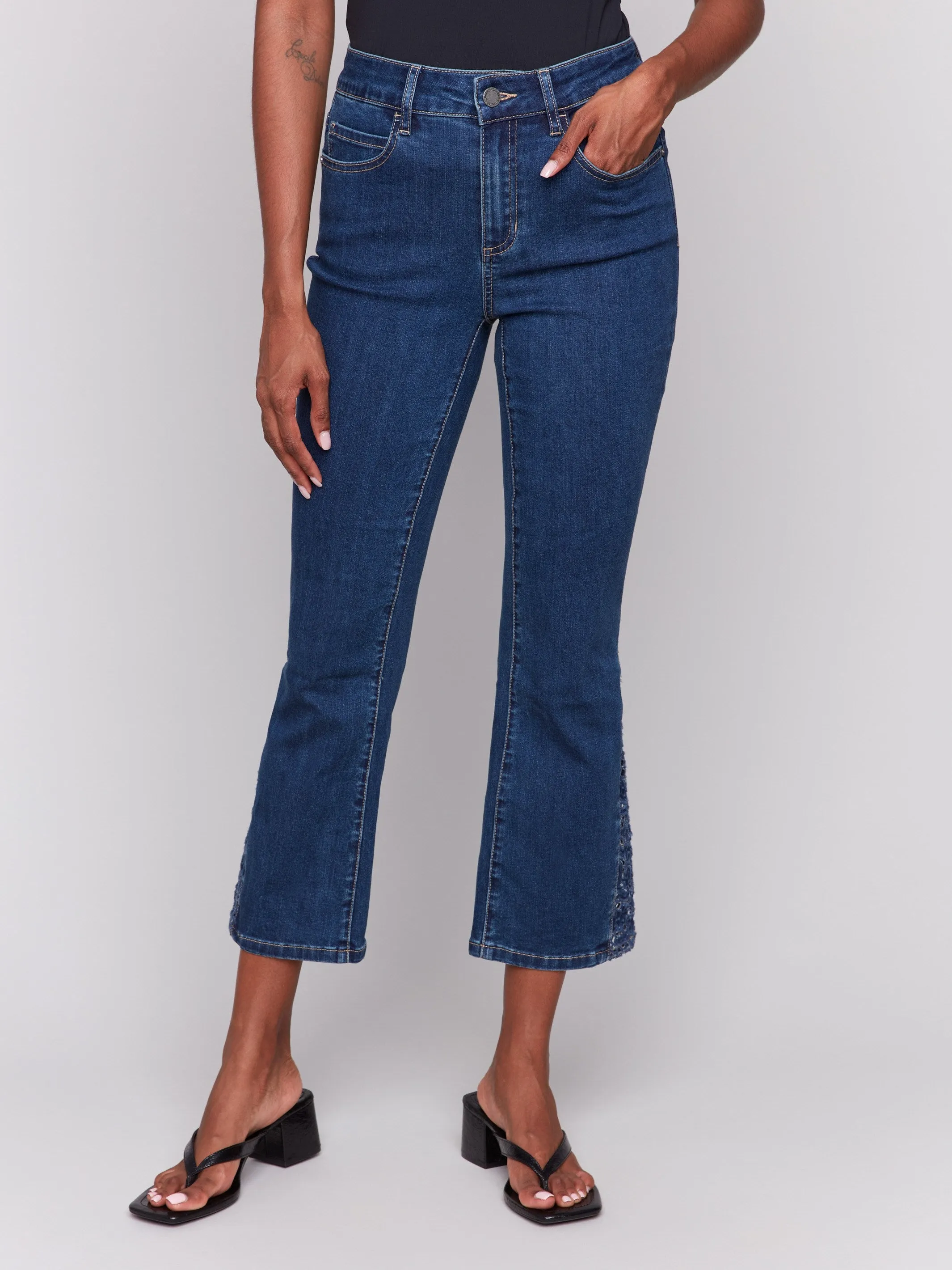 Lace Cut Side Bootcut Jeans - Indigo