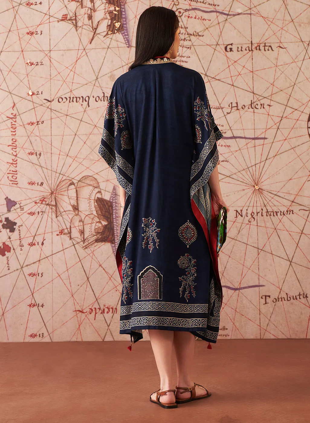 Orna Navy Printed Rayon Kaftan for Women