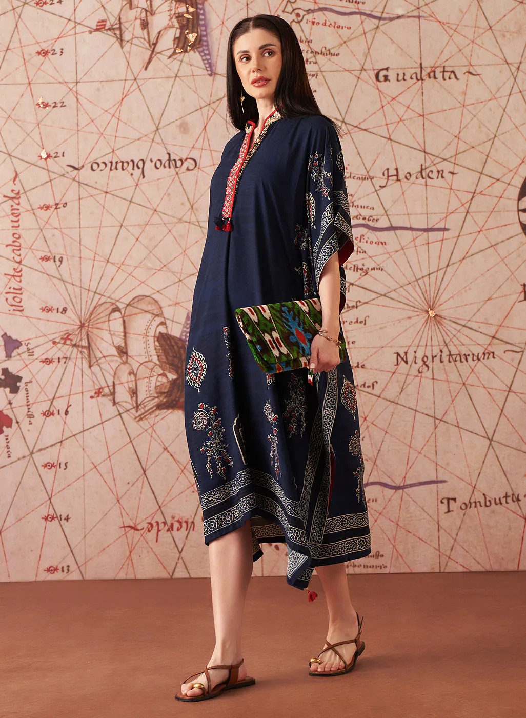 Orna Navy Printed Rayon Kaftan for Women