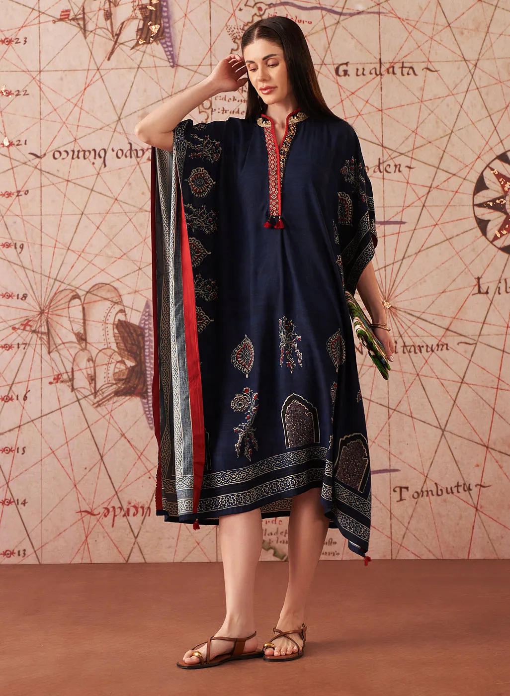 Orna Navy Printed Rayon Kaftan for Women