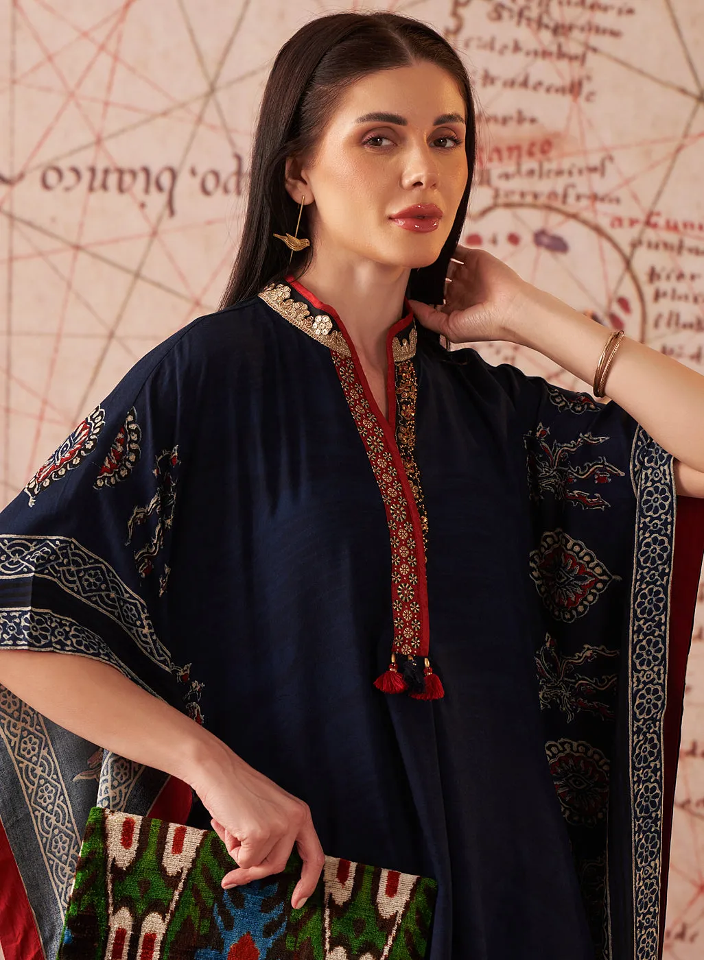 Orna Navy Printed Rayon Kaftan for Women