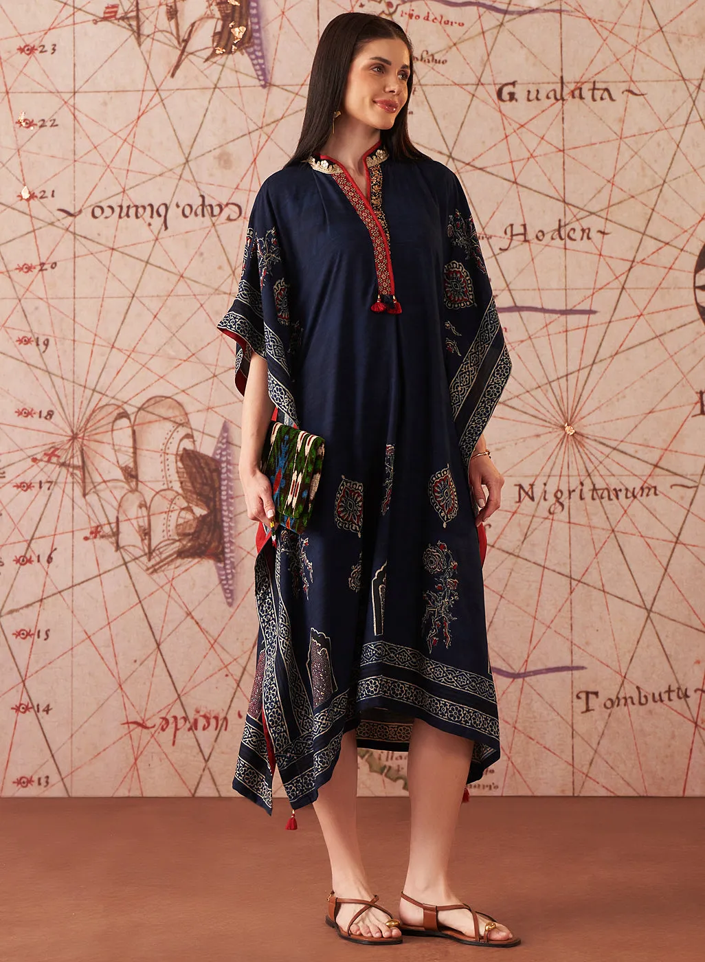 Orna Navy Printed Rayon Kaftan for Women