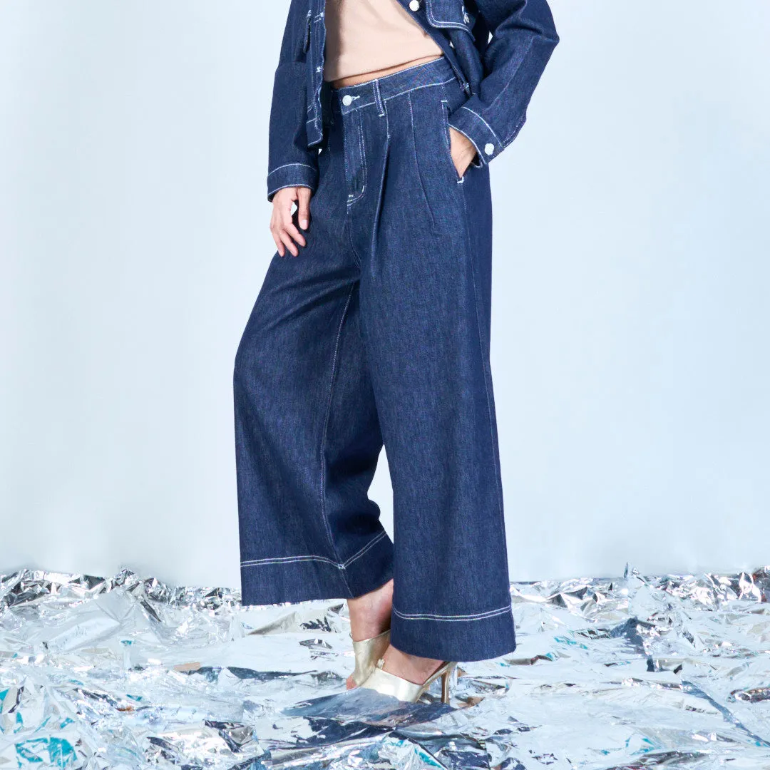Pleated denim trousers with tailored fit wholesale
