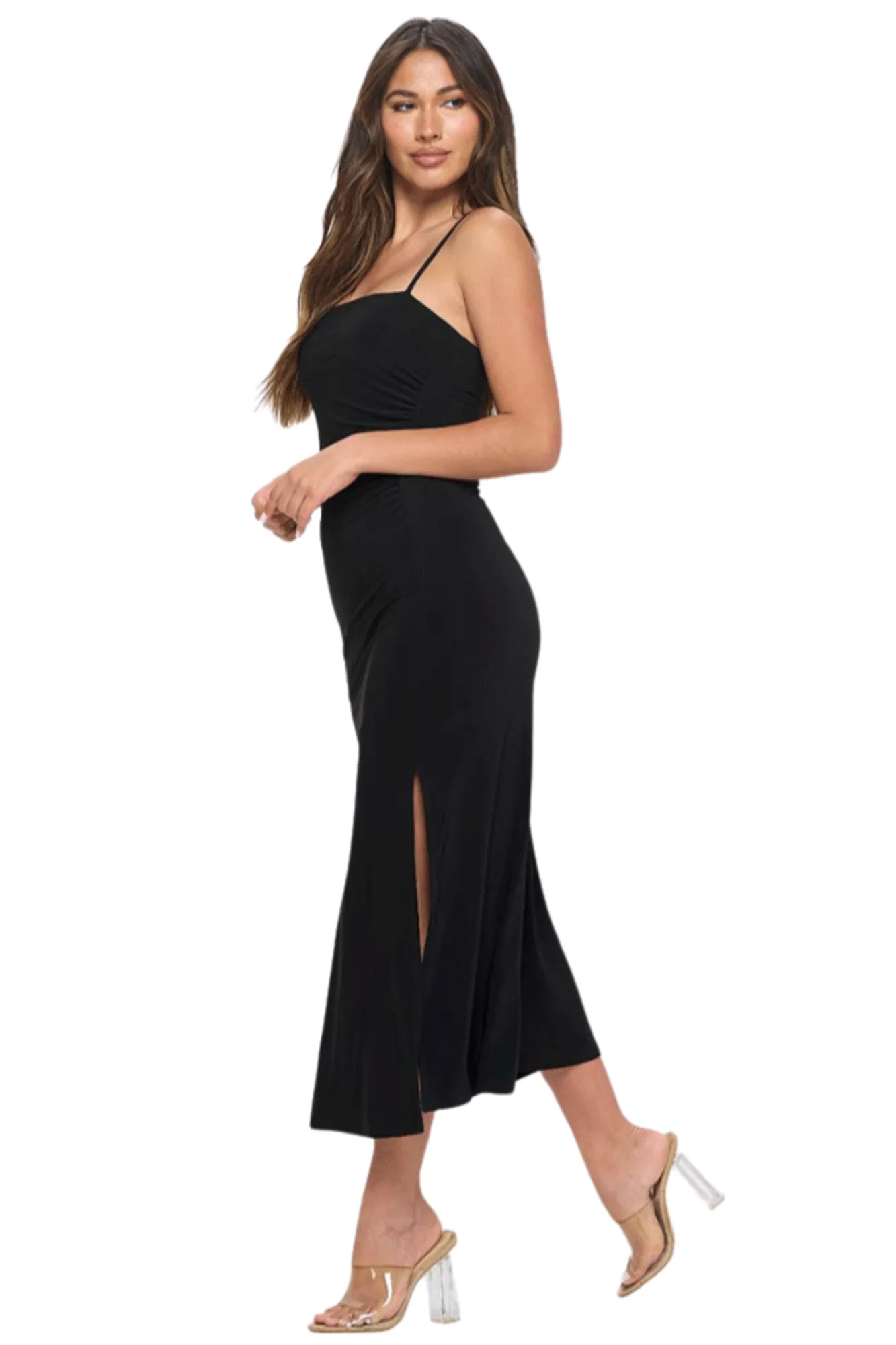 VELVET CAMISOLE MAXI DRESS WITH SIDE RUCHING