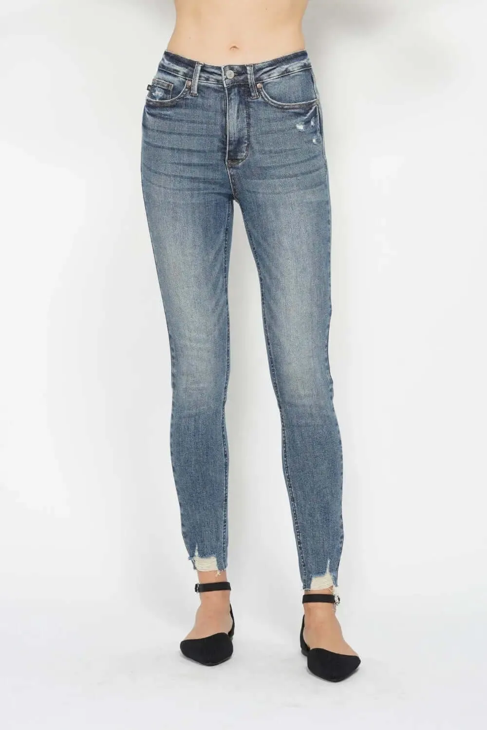 Vintage Wash Jeans by Judy Blue - Full Size Tummy Control Hem Destroy Skinny Jeans