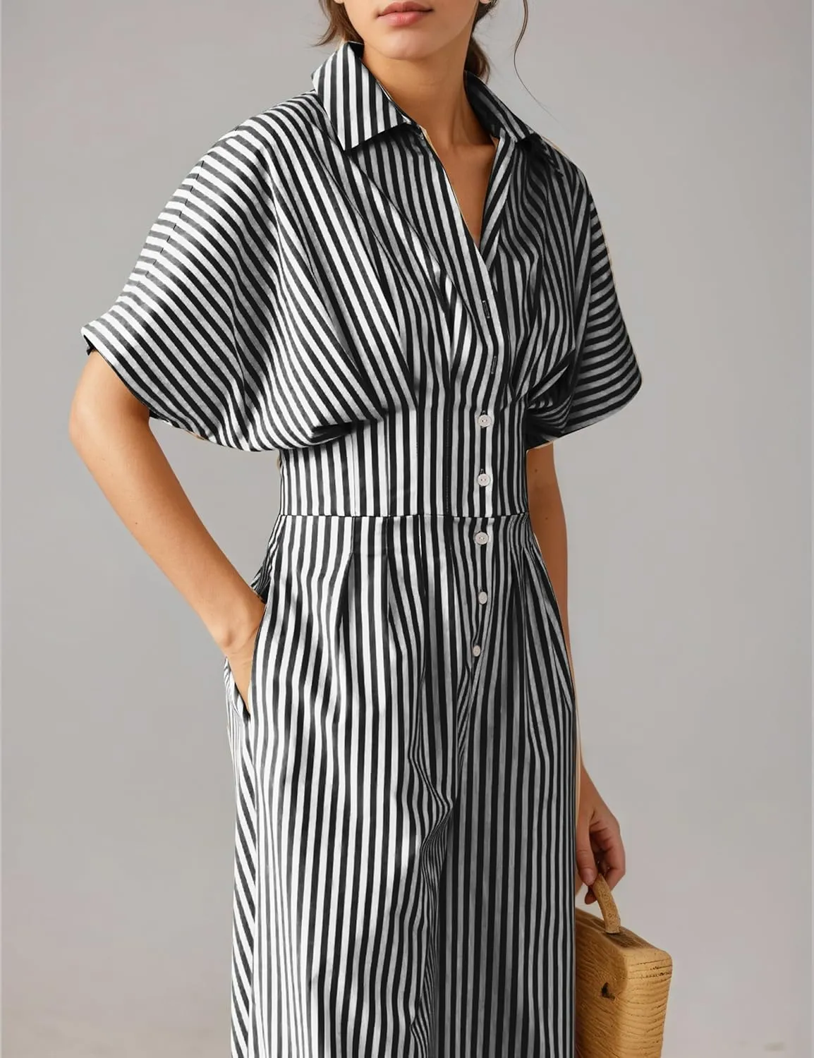 Women's Dressy Casual Loose Jumpsuits One Piece Striped Short Sleeve Button Down Shirt Wide Leg Rompers Summer Outfit